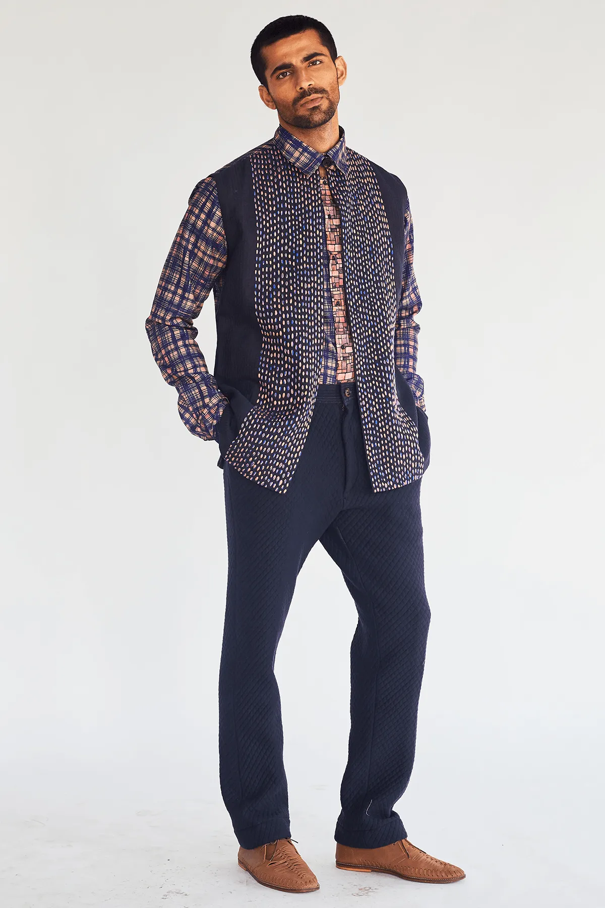 Textured Bandi Jacket with Printed Shirt and Quilted Trousers
