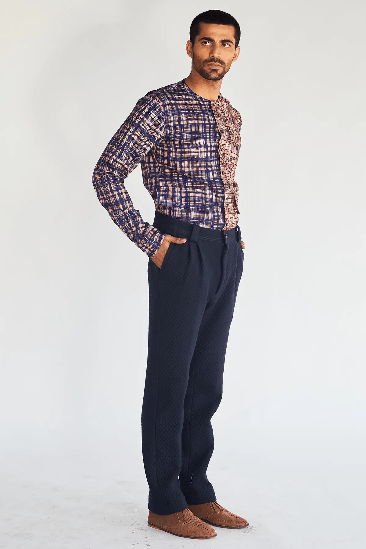 Textured Bandi Jacket with Printed Shirt and Quilted Trousers