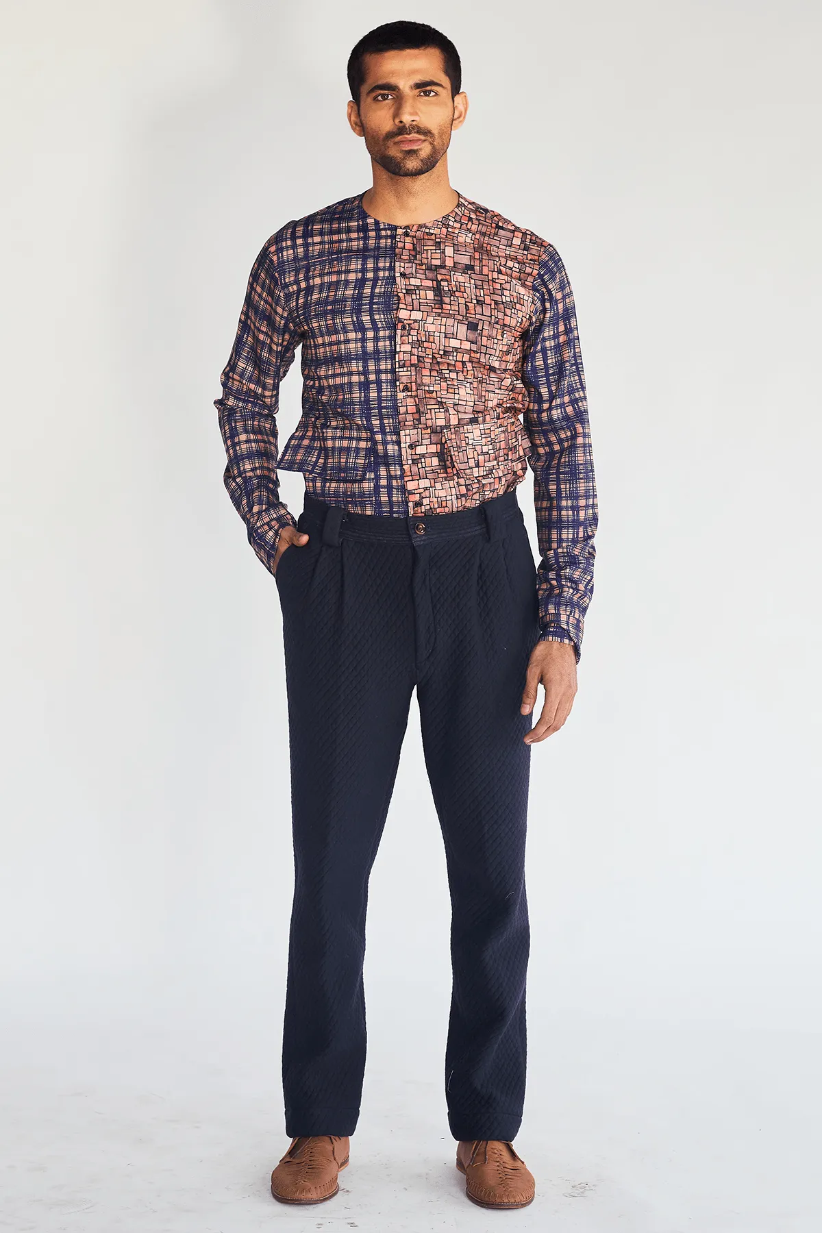 Textured Bandi Jacket with Printed Shirt and Quilted Trousers