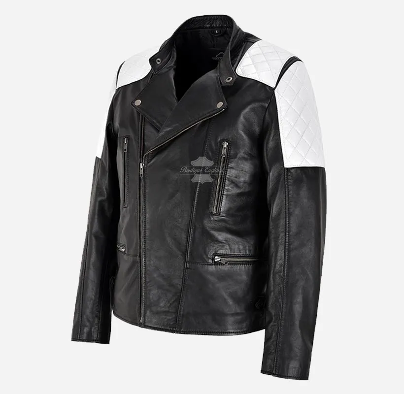 TOM HOLLAND Leather Biker Jacket Black with White Patches