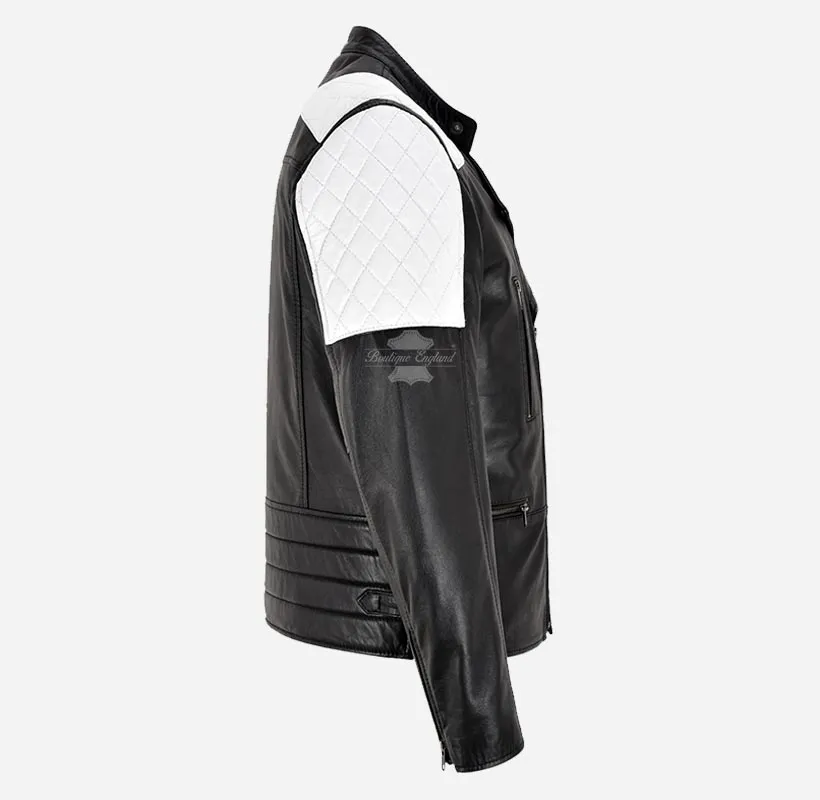 TOM HOLLAND Leather Biker Jacket Black with White Patches