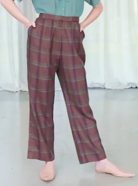 Vintage Wool Brown Plaid Design High Waist Trousers