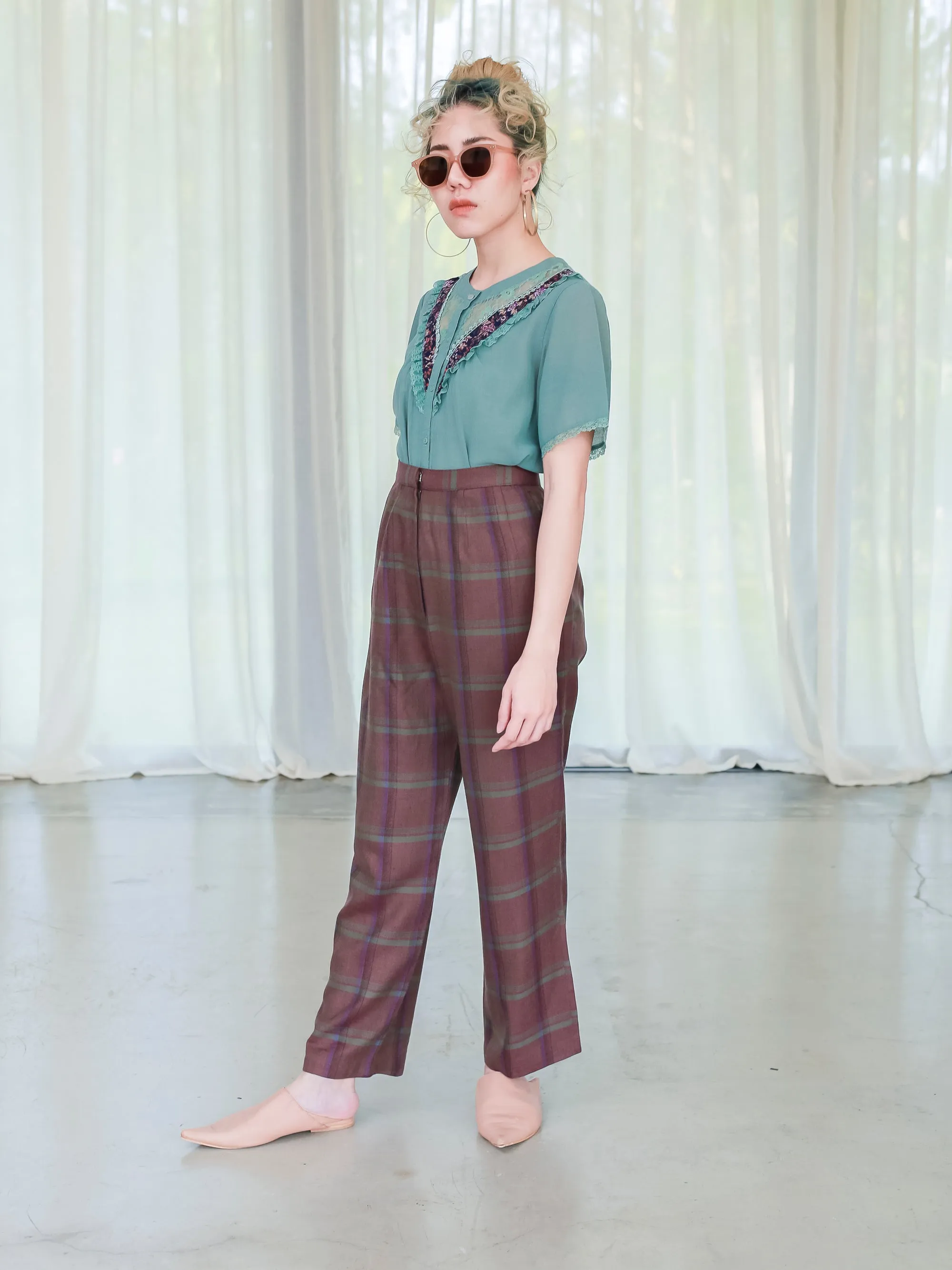 Vintage Wool Brown Plaid Design High Waist Trousers