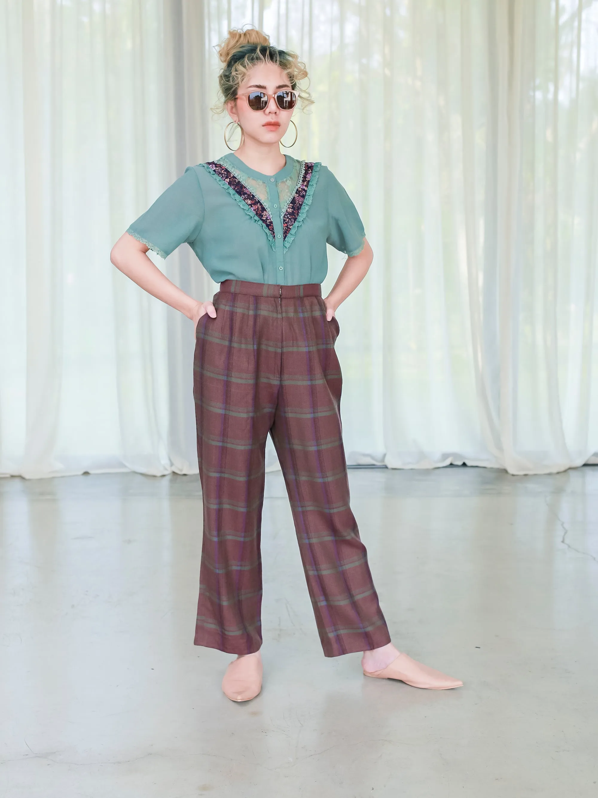Vintage Wool Brown Plaid Design High Waist Trousers