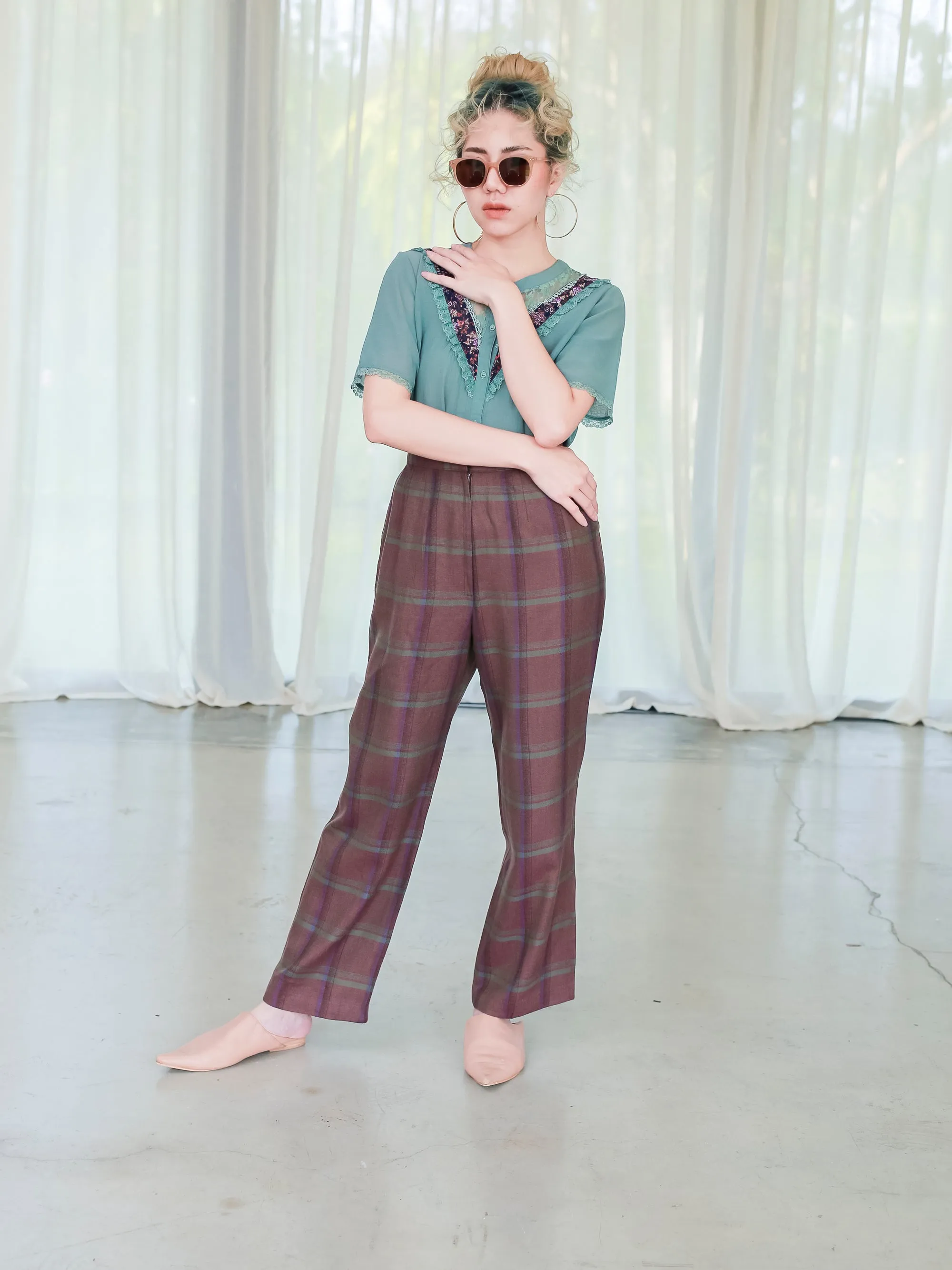 Vintage Wool Brown Plaid Design High Waist Trousers