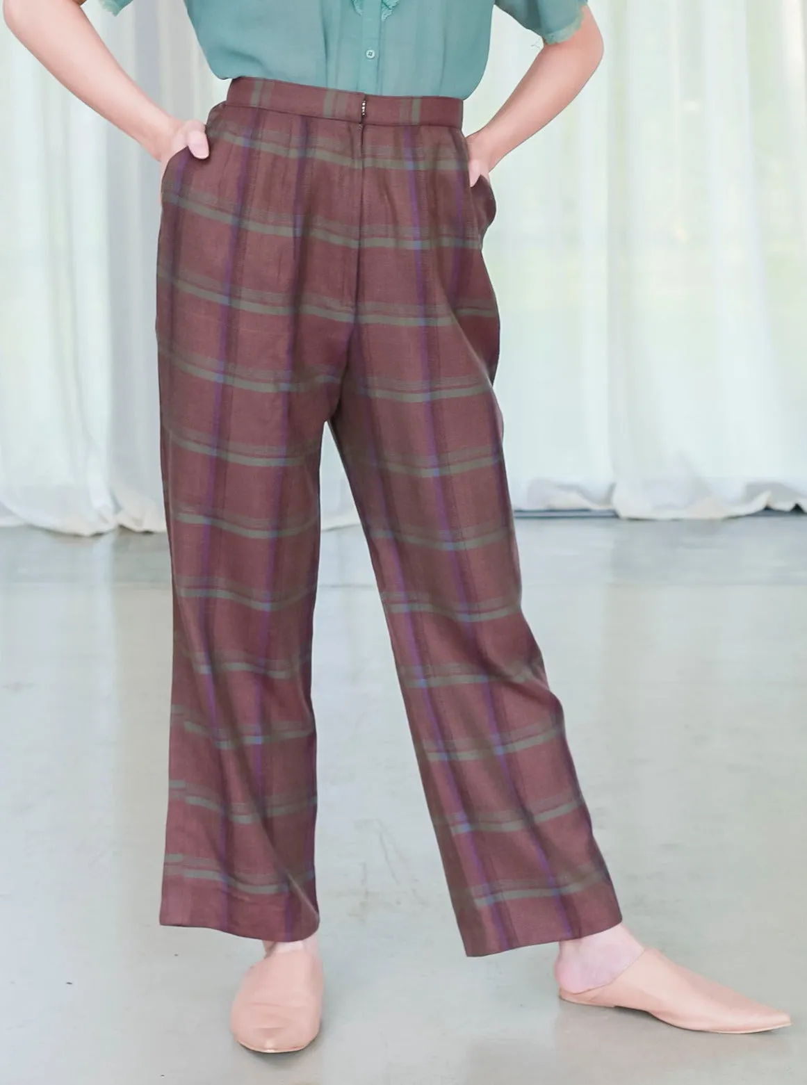 Vintage Wool Brown Plaid Design High Waist Trousers