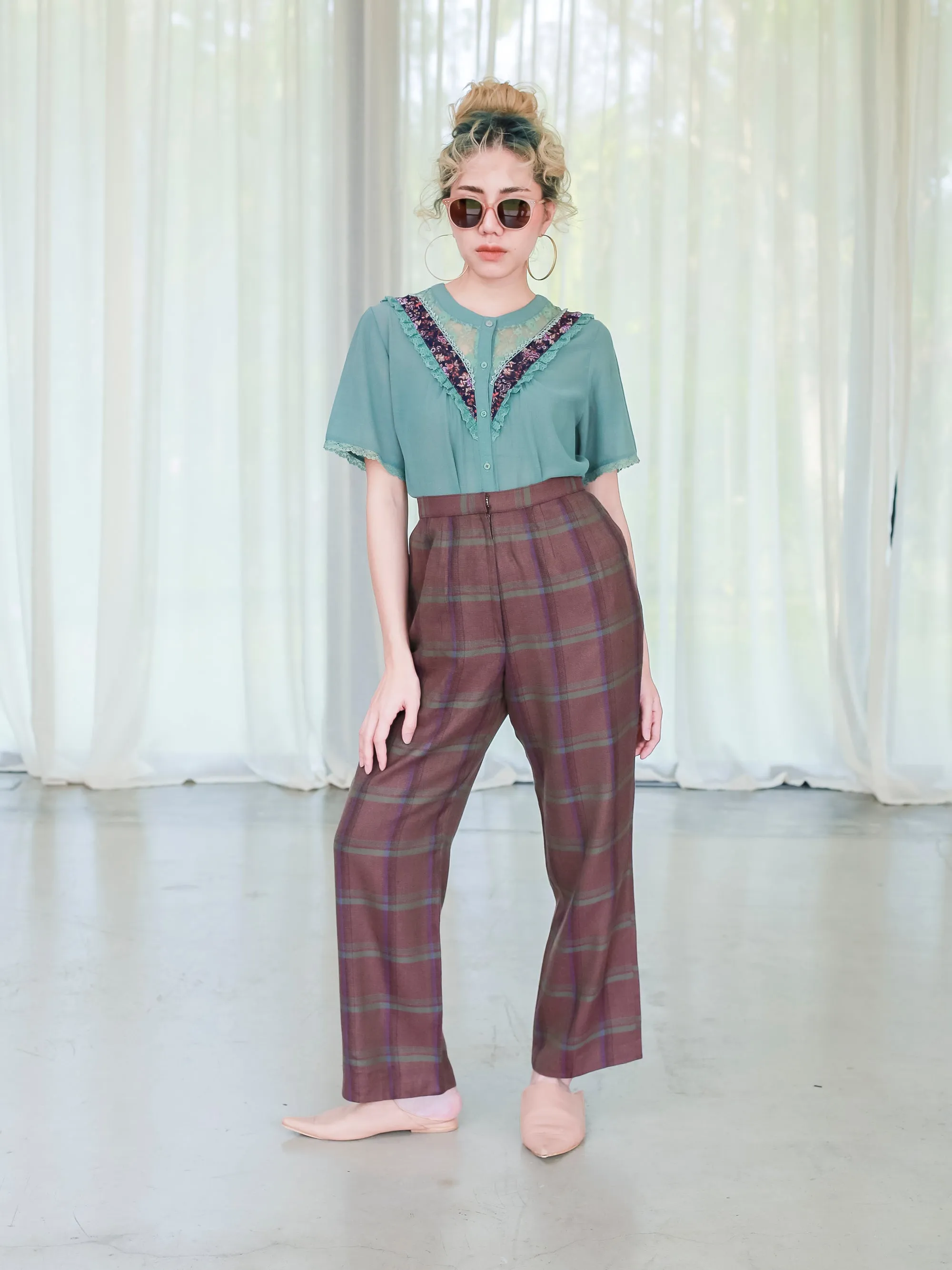 Vintage Wool Brown Plaid Design High Waist Trousers